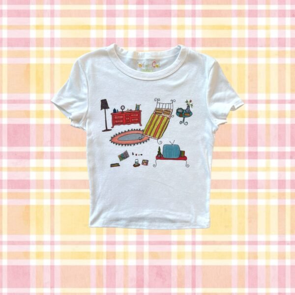 hand-drawn doodle of a girls bedroom printed on a white baby tee