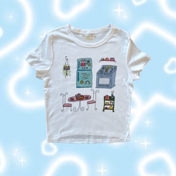 hand-drawn doodle of a kitchen scene from a dollhouse drawing printed on a white baby tee