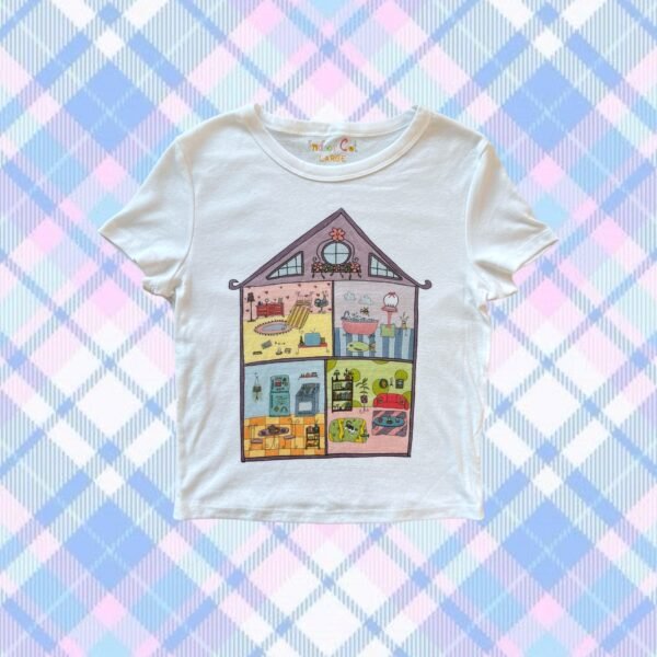 hand-drawn doodle of a dollhouse printed on a white baby tee
