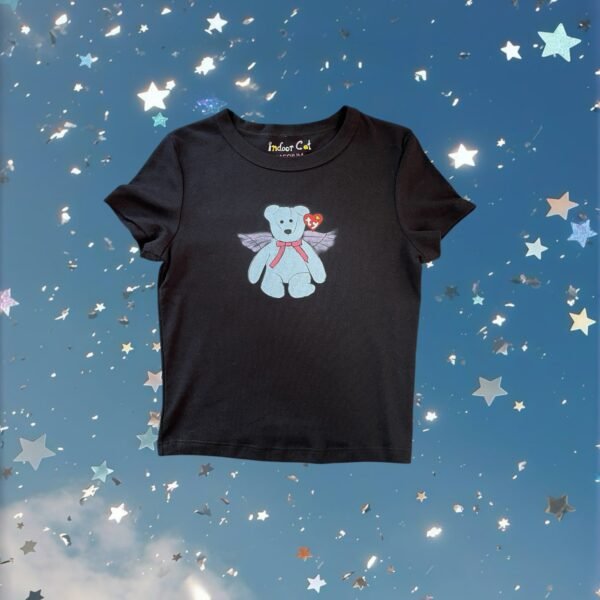 angel baby beanie printed on a black baby tee